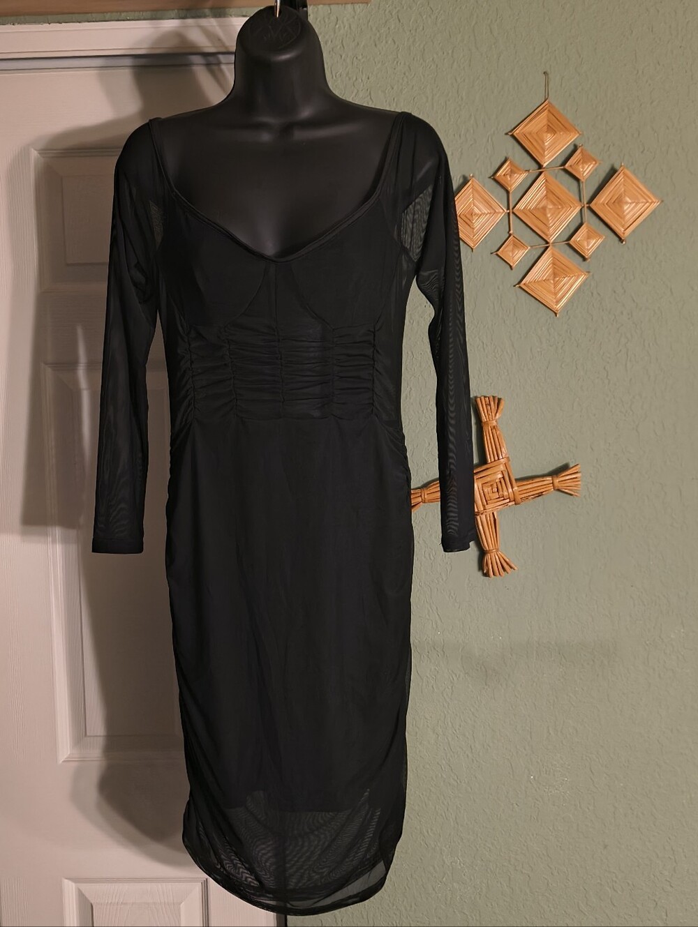 Black Mesh Ruched Corset Midi Dress Sheer Long Sleeve Sweetheart Size L